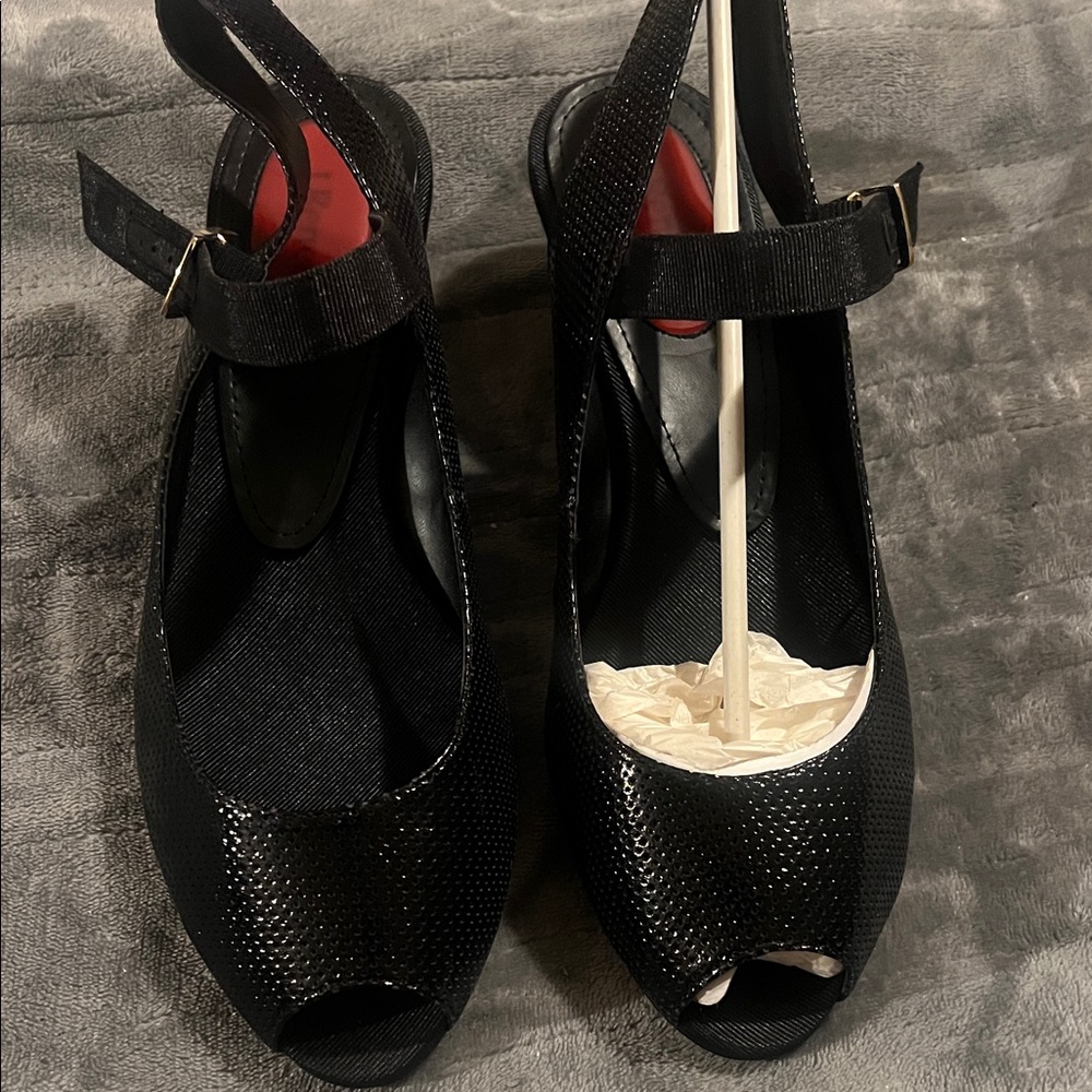 J.Renee Black Textured Peep-Toe Heels